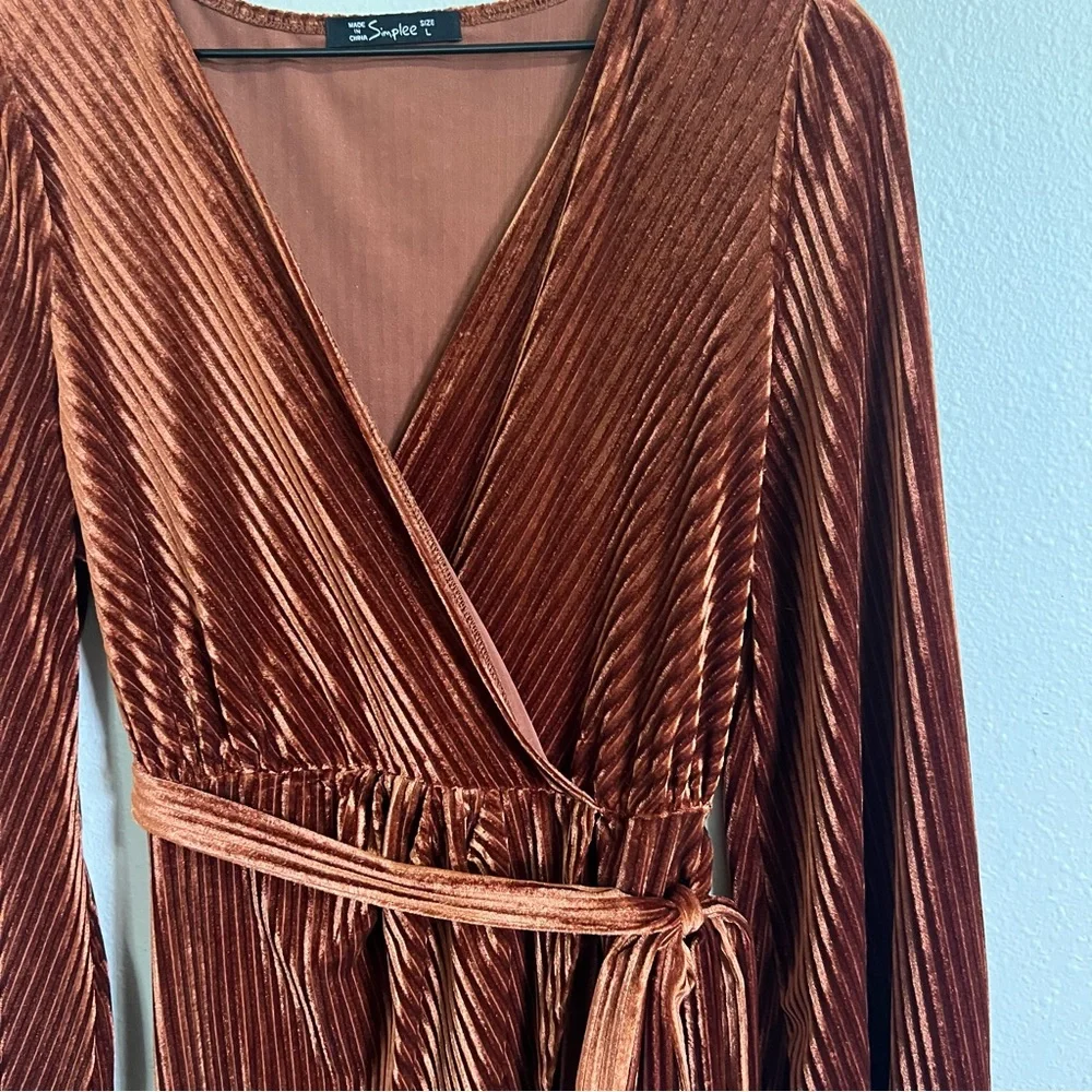 Simpler Rust Velvet Wrap Tie Dress- Size Large - Picture 3 of 7